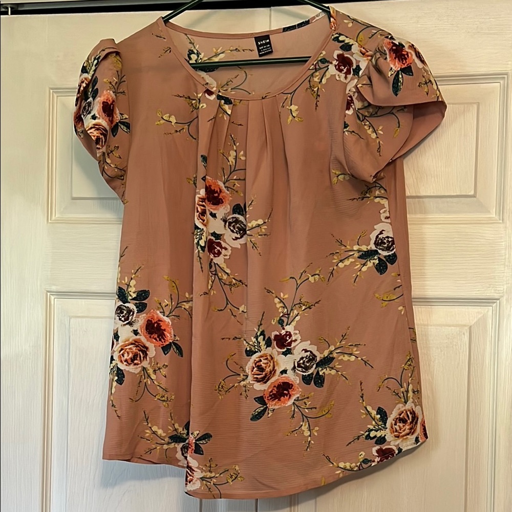 SHEIN Pink and Orange Puff Sleeve Blouse with Bib Collar